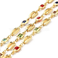 Rack Plating Brass Rectangle & Square Link Chains, Cubic Zirconia Beaded, Unwelded, with Spool, Real 18K Gold Plated, Cadmium Free & Nickel Free & Lead Free, Colorful, 7.5x5x2mm, 9.5x4.5x2mm(CHC-C015-01G)