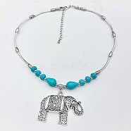 Ethnic Style Alloy & Synthetic Turquoise Elephant Pendant Necklaces, Antique Silver, 23.23 inch(59cm)(PF8416)