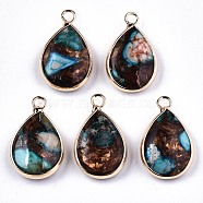 Teardrop Assembled Synthetic Bronzite and Regalite/Imperial Jasper Pendants, with Iron Loop and Brass Edge, Light Gold, Dyed, Deep Sky Blue, 22~23x14x5~6mm, Hole: 2mm(G-N330-022-D08)