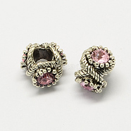 Alloy Rhinestone European Beads, Large Hole Beads, Antique Silver, Light Rose, 12x13x8~9mm, Hole: 5mm(MPDL-R036-10H)