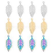 DICOSMETIC 12Pcs 3 Colors Ion Plating(IP) 201 Stainless Steel Pendants, Laser Cut, Leaf, Mixed Color, 25x10x1mm, Hole: 1.6mm, 4pcs/color(STAS-DC0003-15)