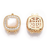 Brass Micro Pave Clear Cubic Zirconia Box Clasps, with Shell, 2-Strand, 4-Hole, Square, Real 18K Gold Plated, 17x20.5x8.5mm, Hole: 1~1.2mm(KK-C031-15G)