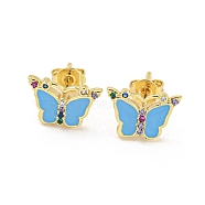 Butterfly Real 18K Gold Plated Brass Stud Earrings, with Enamel and Cubic Zirconia, Deep Sky Blue, 8x11.5mm(EJEW-L269-099G-02)