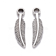 Tibetan Style Alloy Pendants, Feather, Cadmium Free & Lead Free, Antique Silver, 21x5x2mm, Hole: 2mm(X-TIBEP-S319-075AS-RS)