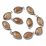 Natural Picture Jasper Pendants, with Golden Plated Brass Edge and Loop, Rack Plating, Oval, 17x9x4mm, Hole: 1.6mm(G-Q998-021)