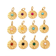 304 Stainless Steel Pave Mixed Gemstone Pendants, Flat Round Charms, Ion Plating(IP), Real 14K Gold Filled, 18x15x4~5mm, Hole: 5x3mm(STAS-M110-03G)