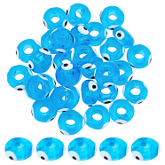 Handmade Evil Eye Lampwork Beads, Flat Round, Dodger Blue, 9.5~10.5x5~5.5mm, Hole: 3.5~4mm, about 30pcs/strand, 5.71~5.91 inch(14.5~15cm), 1strand/box(LAMP-FH0001-05)