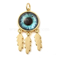 Real 18K Gold Plated Brass Pendants, with Acrylic and Jump Ring, Flat Round with Evil Eye Charms, Pale Turquoise, 30.5x14x5mm, Hole: 3.4mm(KK-A198-02G-03)