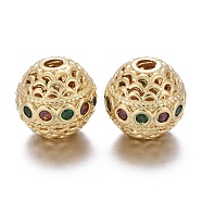 Brass Micro Pave Cubic Zirconia Beads, Hollow, Long-Lasting Plated, Round, Red & Green, Real 18K Gold Plated, 10.5x10mm, Hole: 2.2mm(KK-K244-19G)