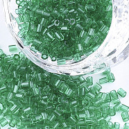 Grade A Glass Seed Beads, Hexagon(Two Cut), Transparent Colours, Medium Sea Green, 1.5~2.5x1.5~2mm, Hole: 0.8mm, about 2100pcs/bag, 450g/bag(SEED-S022-02M)