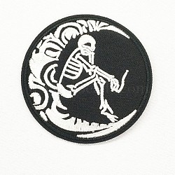 Computerized Embroidery Cloth Iron on/Sew on Patches, Costume Accessories, Appliques, Flat Round with Moon and Human Skeleton, Black & White, 70mm(DIY-O003-30)