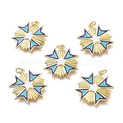 Brass Pendants, with Enamel and Jump Rings, Long-Lasting Plated, Flower, Blue & White & Sky Blue, Golden, 24x24x2.5mm, Hole: 3mm(ZIRC-I048-14G)