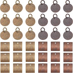 96Pcs 4 Style Brass Blank Tag Slice Charms Pendants, Square & Flat Round, Mixed Color, 10~12x9x0.25~1.5mm, Hole: 1~4mm, 24pcs/style(KK-FH0002-58)