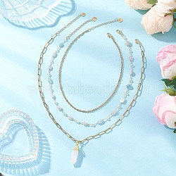 Natural Rose Quartz Double Terminated Pointed Bullet Pendant 304 Stainless Steel & Brass Chain 3 Layer Necklaces for Women, Golden, 14.88~18.23 inch(37.8~46.3cm), 3pcs/set(NJEW-JN05477-04)