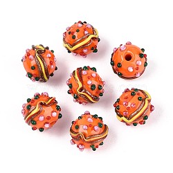 Handmade Lampwork Bumpy Beads, Hamburger, Coral, 13~14x14~15mm, Hole: 1.2~1.6mm(LAMP-T022-05B)