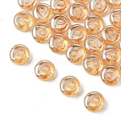 Electroplate Glass Beads, Flat Round with Letter, PeachPuff, Letter P, 9.5~10x4~5mm, Hole: 1mm, about 30pcs/set(EGLA-YW0005-01P)