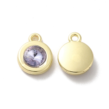 Alloy Pendant, with Glass, Light Gold, Lead Free & Cadmium Free, Falt Round Charm, Lavender, 12.5x10x4mm, Hole: 1.5mm