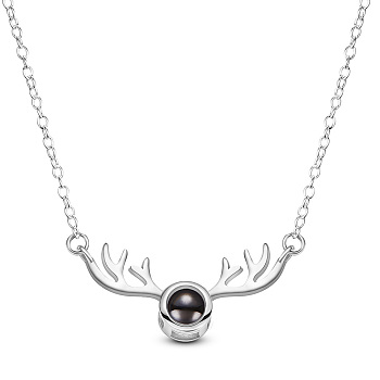 SHEGRACE 925 Sterling Silver Pendant Necklaces, with Glass, Antler, Platinum, 15.75 inch(40cm), Antler: 26.1x12.5mm
