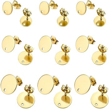 36Pcs 3 Styles Ion Plating(IP) 304 Stainless Steel Stud Earring Findings, Flat Round with Loop and Flat Plate, Ear Nuts/Earring Backs, Golden, 12x1mm, Hole: 1.6mm, Pin: 0.8mm