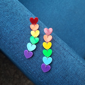 Rainbow Color Pride Flag Acrylic Heart Dangle Stud Earrings, Brass Long Drop Earrings for Women, Colorful, 75x15mm