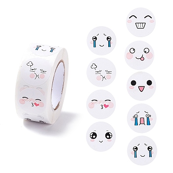 Cartoon Expression Paper Stickers, Self Adhesive Roll Sticker Labels, for Envelopes, Bubble Mailers and Bags, Flat Round, Mixed Color, 2.5x0.01cm