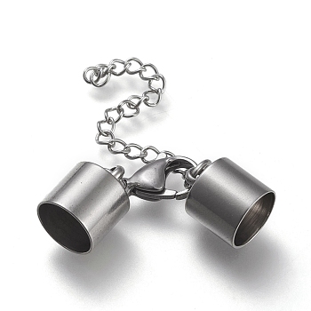 304 Stainless Steel Chain Extender, with Cord Ends, Curb Chains and Lobster Claw Clasps, Stainless Steel Color, 47mm long, Cord Ends: 14.5x11mm, 10mm inner diameter