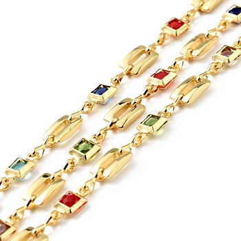 Rack Plating Brass Rectangle & Square Link Chains, Cubic Zirconia Beaded, Unwelded, with Spool, Real 18K Gold Plated, Cadmium Free & Nickel Free & Lead Free, Colorful, 7.5x5x2mm, 9.5x4.5x2mm