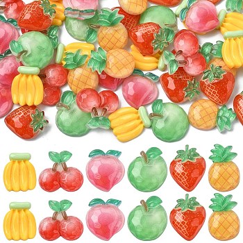 60Pcs 6 Styles Fruit Transparent & Opaque Resin Decoden Cabochons, Mixed Shapes, Mixed Color, 19~22x15.5~21x4.5~7mm, 10pcs/style