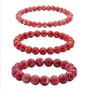 3Pcs 3 Size Synthetic Imperial Jasper Round Beaded Stretch Bracelets Set, Gemstone Jewelry for Women, Dark Red, Inner Diameter: 2-1/8 inch(5.5cm), Beads: 6~10mm, 1Pc/size