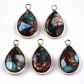 Teardrop Assembled Synthetic Bronzite and Regalite/Imperial Jasper Pendants, with Iron Loop and Brass Edge, Light Gold, Dyed, Deep Sky Blue, 22~23x14x5~6mm, Hole: 2mm