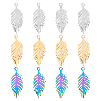 DICOSMETIC 12Pcs 3 Colors Ion Plating(IP) 201 Stainless Steel Pendants, Laser Cut, Leaf, Mixed Color, 25x10x1mm, Hole: 1.6mm, 4pcs/color