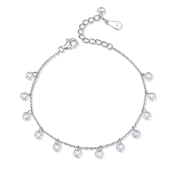 Rhodium Plated 925 Sterling Silver Cubic Zirconia Charm Bracelets, Cable Chains Bracelets for Women, Platinum, 5-1/2 inch(14cm)