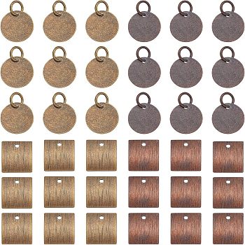 96Pcs 4 Style Brass Blank Tag Slice Charms Pendants, Square & Flat Round, Mixed Color, 10~12x9x0.25~1.5mm, Hole: 1~4mm, 24pcs/style