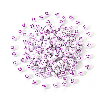 White Opaque Acrylic Beads, Flat Round with Expression, Dark Orchid, 7x4mm, Hole: 1.6mm, 200pcs/set