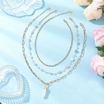 Natural Rose Quartz Double Terminated Pointed Bullet Pendant 304 Stainless Steel & Brass Chain 3 Layer Necklaces for Women, Golden, 14.88~18.23 inch(37.8~46.3cm), 3pcs/set