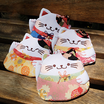 Polyester Lucky Cat Wallets, Japanese Style Maneki-neko Zipper Change Purse for Women, Random Color, 13x12x2cm