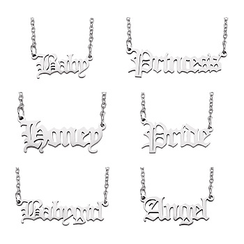 6Pcs 6 Style 304 Stainless Steel Word Pendant Necklace, Dainty Jewelry for Women, Stainless Steel Color, 18.39~20.08 inch(46.7~51cm), 1pc/style
