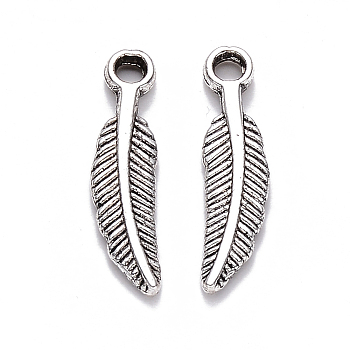 Tibetan Style Alloy Pendants, Feather, Cadmium Free & Lead Free, Antique Silver, 21x5x2mm, Hole: 2mm