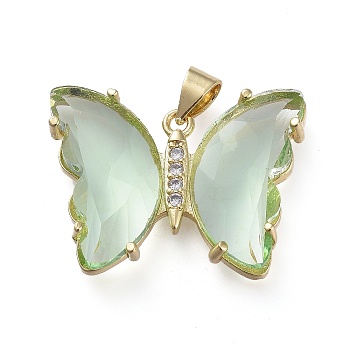 Brass Micro Pave Clear Cubic Zirconia Pendants, with Glass, Butterfly, Golden, Dark Sea Green, 20x26.5x5mm