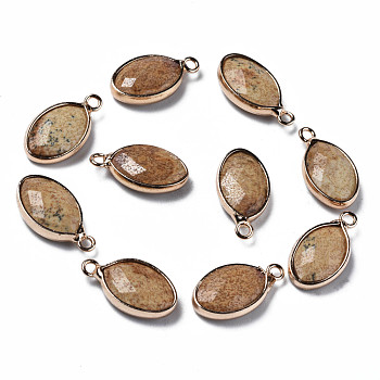 Natural Picture Jasper Pendants, with Golden Plated Brass Edge and Loop, Rack Plating, Oval, 17x9x4mm, Hole: 1.6mm