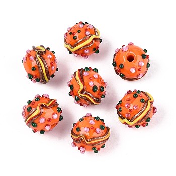 Handmade Lampwork Bumpy Beads, Hamburger, Coral, 13~14x14~15mm, Hole: 1.2~1.6mm