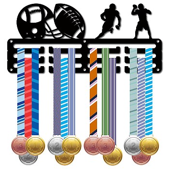 Sports Theme Iron Medal Hanger Holder Display Wall Rack, 3-Line, with Screws, Rugby, 130x290mm, Hole: 5mm