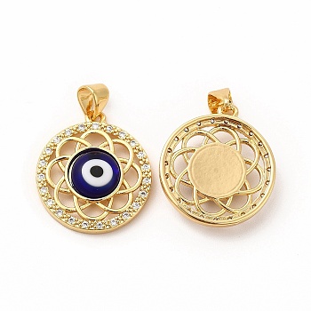 Rack Plating Brass Micro Pave Clear Cubic Zirconia Pendants, with Handmade Evil Eye Lampwork, Cadmium Free & Lead Free, Long-Lasting Real 18K Gold Plated, Flat Round with Flower Charm, Medium Blue, 21.5x19x4.5mm, Hole: 4.5x3.5mm