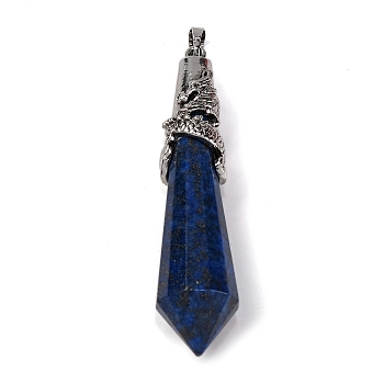 Natural Lapis Lazuli Dyed Pointed Big Pendants, Faceted Bullet Charms with Rack Plating Antique Silver Tone Alloy Dragon Wrapped, Cadmium Free & Lead Free, 67.5x16.5x16.5mm, Hole: 7x4.5mm