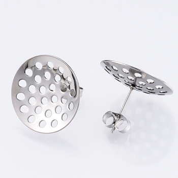304 Stainless Steel Stud Earring Findings, with Sieve Base, Ear Nuts/Earring Backs, Stainless Steel Color, 16mm, Hole: 1mm, Pin: 0.8mm