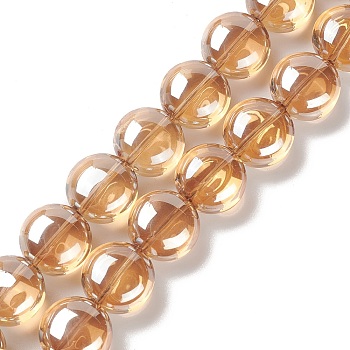Transparent Electroplate Glass Bead Strands, Pearl Luster Plated, Flat Round, Sandy Brown, 12x8mm, Hole: 1.2mm, about 50pcs/strand, 24.41''(62cm)