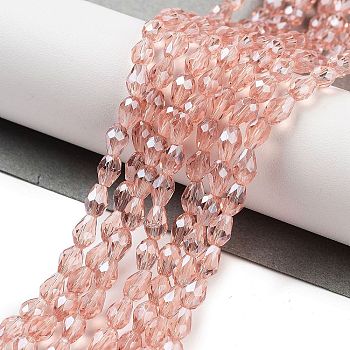 Electroplate Glass Beads Strands, Pearl Luster Plated, Faceted, teardrop, Light Salmon, 6x4mm, Hole: 1mm, about 72pcs/strand, 15 inch