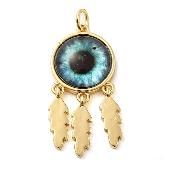 Real 18K Gold Plated Brass Pendants, with Acrylic and Jump Ring, Flat Round with Evil Eye Charms, Pale Turquoise, 30.5x14x5mm, Hole: 3.4mm