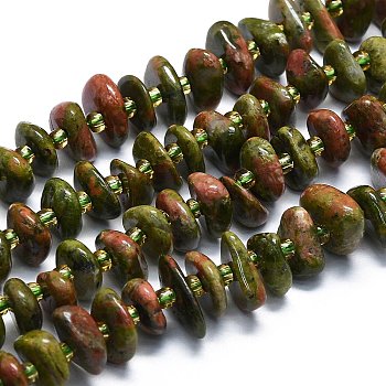 Natural Unakite Beads Strands, Chips, 7~13x8~9x3~4mm, Hole: 1mm, about 75pcs/strand, 14.76''(37.5cm)