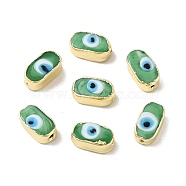 Handmade Evil Eye Lampwork Beads, with Brass Findings, Lead Free & Cadmium Free, Long-Lasting Plated, Oval, Light Green, 14~14.5x7.5~8.5x5.5~6mm, Hole: 0.9~1.4mm(LAMP-D016-02LG-03)